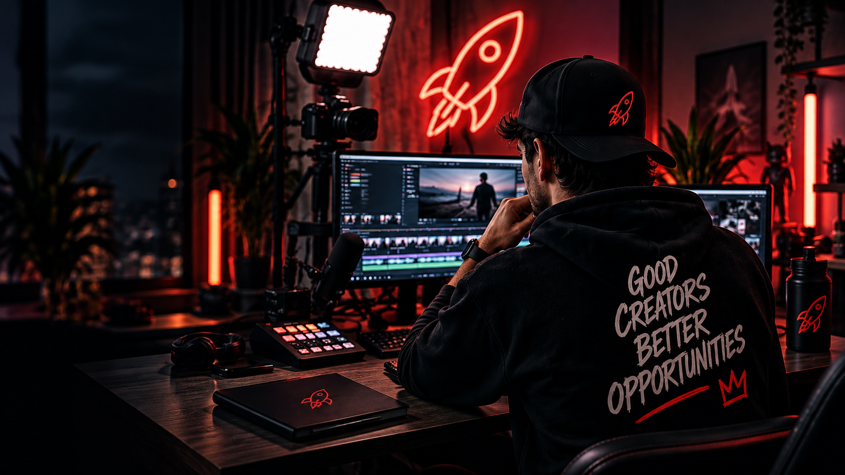Creador trabajando en su setup de producción con iluminación de neón roja